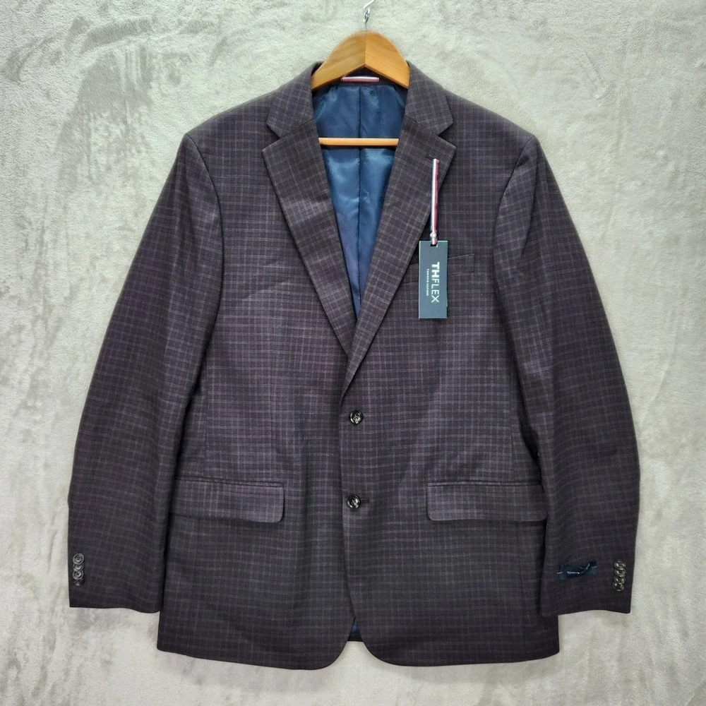 Tommy Hilfiger Conrad Sport Coat Mens 44L 44 Long Purple Plaid‎ TH Flex $295 New